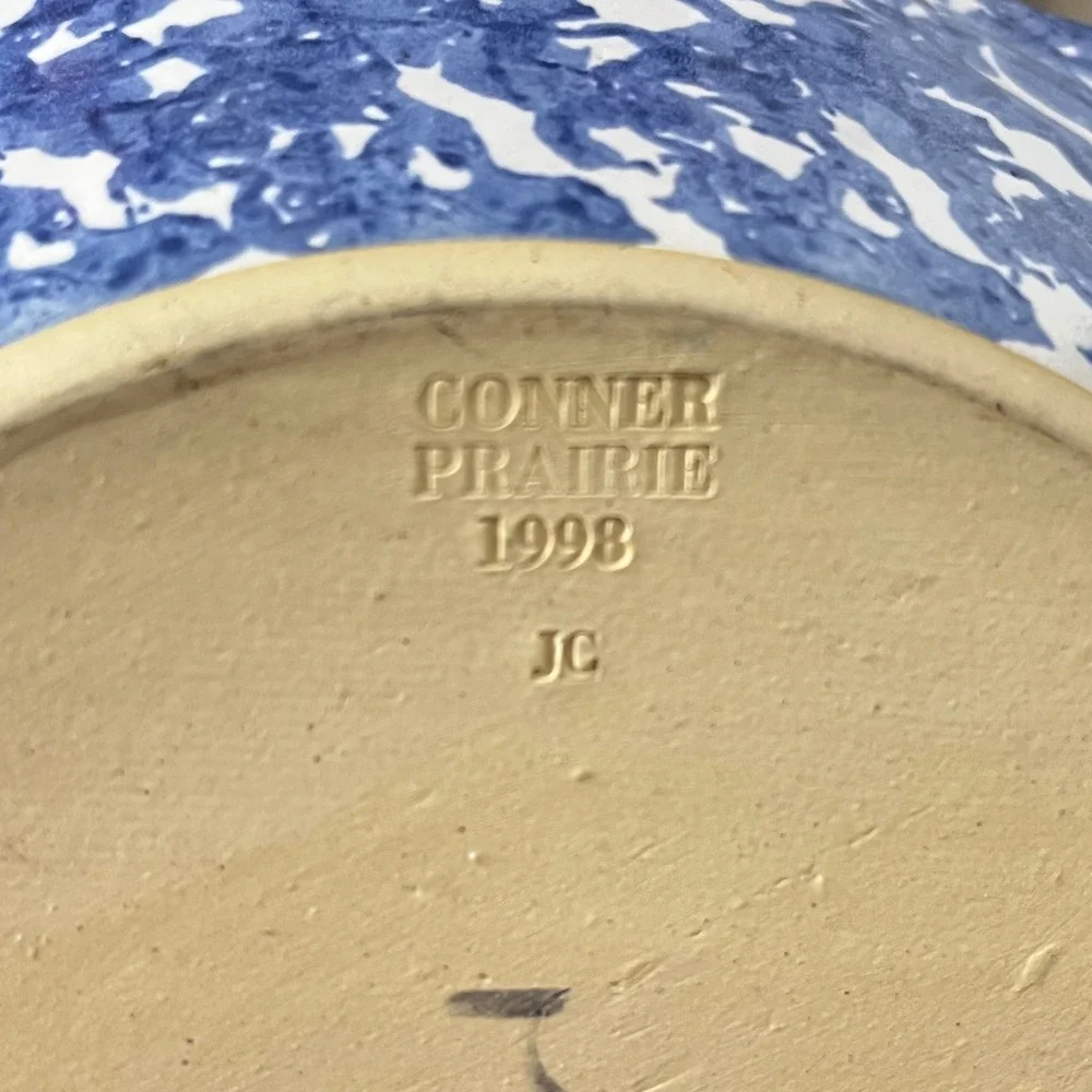 Conner Prairie Pottery Bowl  9.5in Blue White Spatter Scalloped 1998